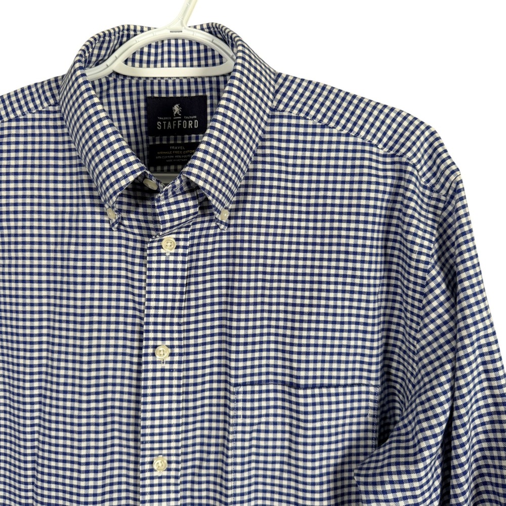 Stafford Travel Wrinkle Free Oxford Shirt Mens 16 34-35 Blue Gingham Regular Fit